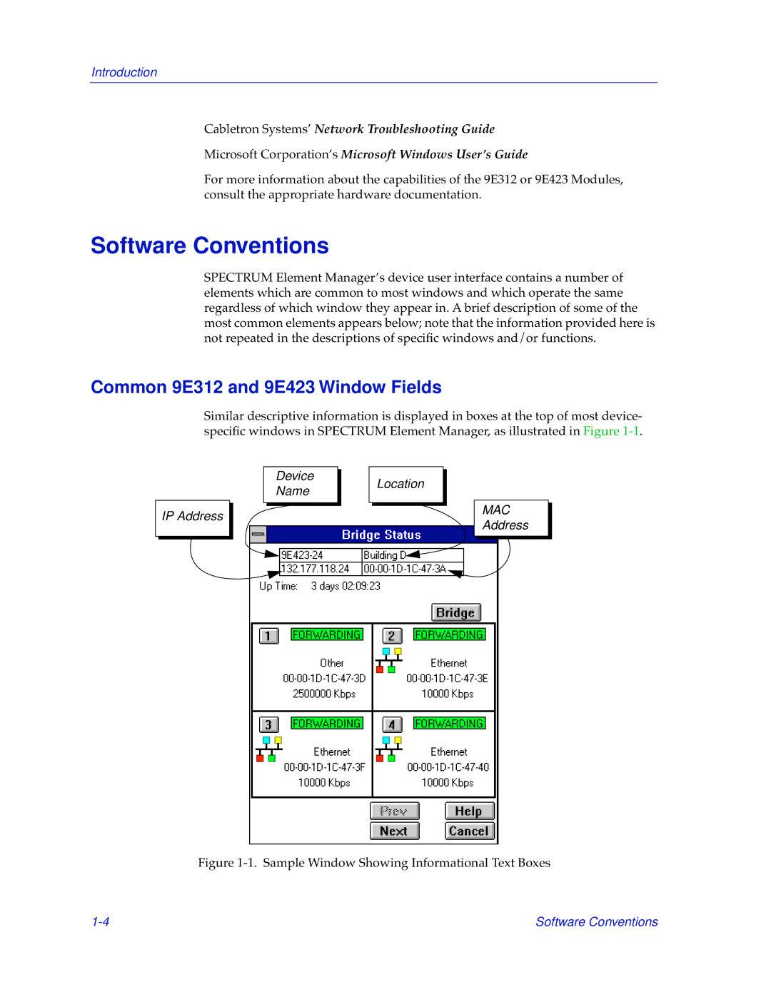 Cabletron Systems manual Software Conventions, Common 9E312 and 9E423 Window Fields 