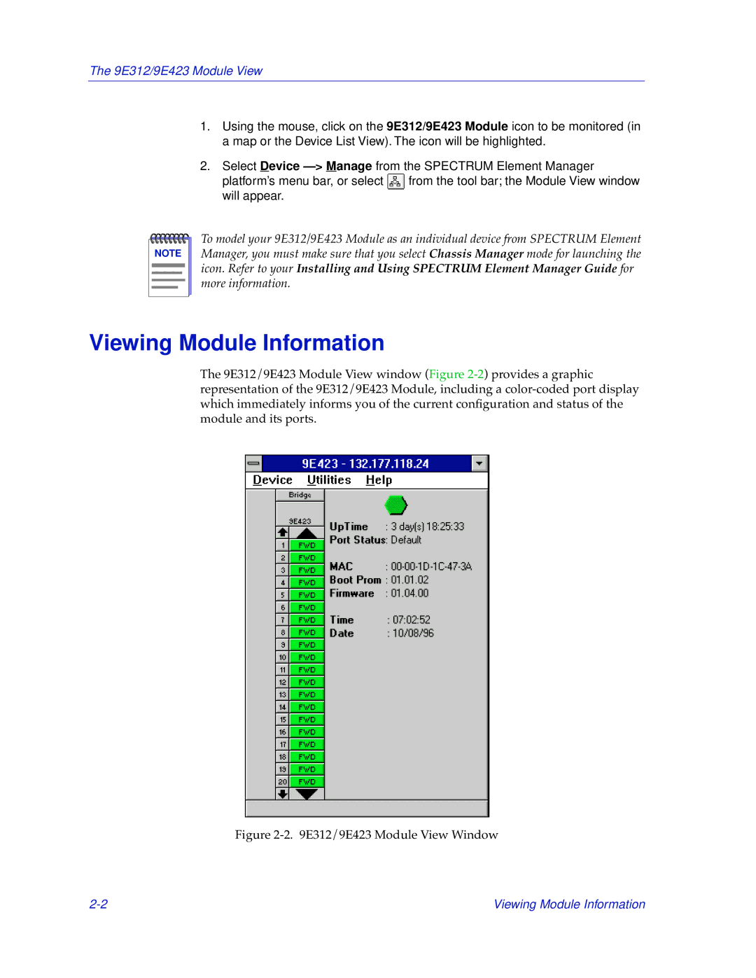 Cabletron Systems manual Viewing Module Information, 9E312/9E423 Module View 