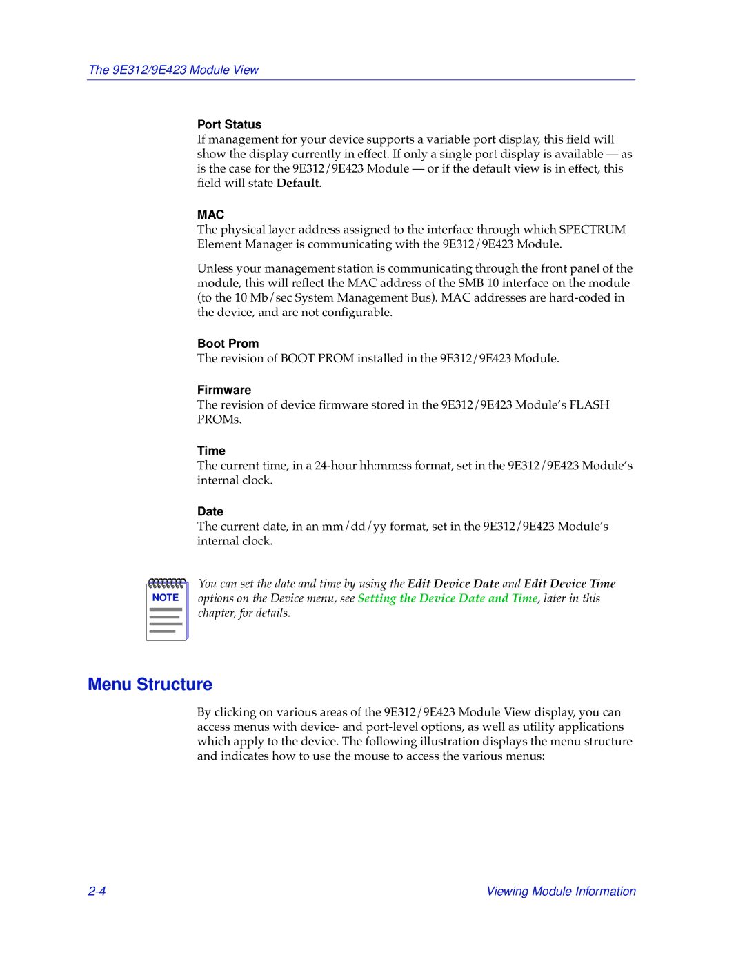 Cabletron Systems 9E312, 9E423 manual Menu Structure 