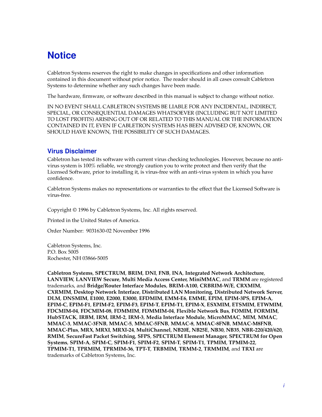 Cabletron Systems 9E423, 9E312 manual Virus Disclaimer 