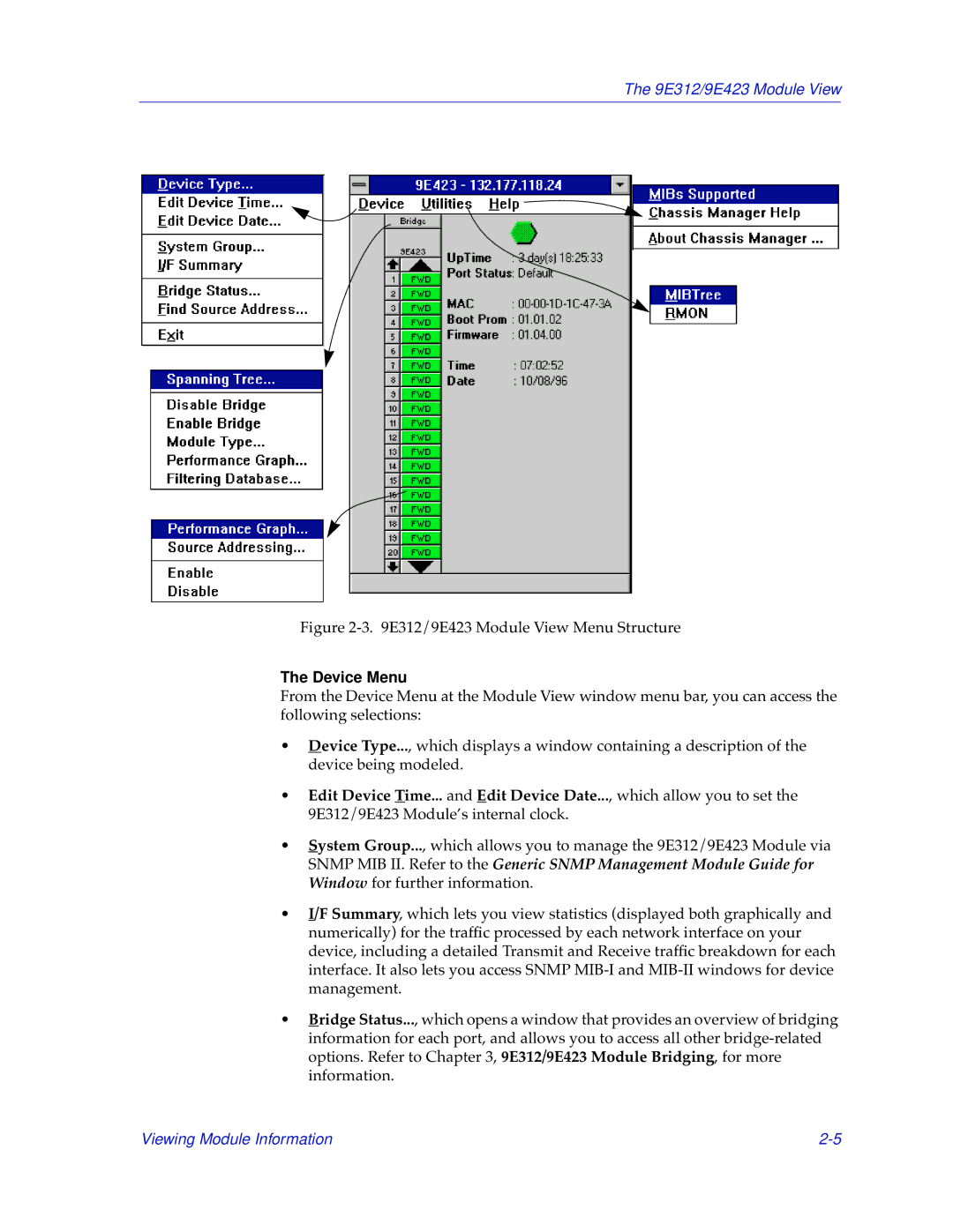 Cabletron Systems 9E312 manual E312/9E423 Module View Menu Structure, Device Menu 