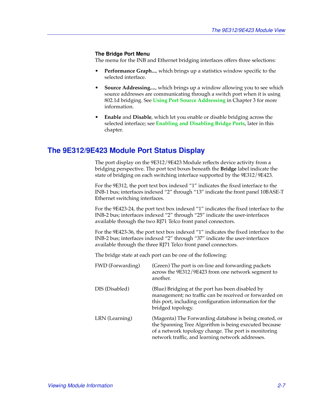 Cabletron Systems manual 9E312/9E423 Module Port Status Display, Bridge Port Menu 