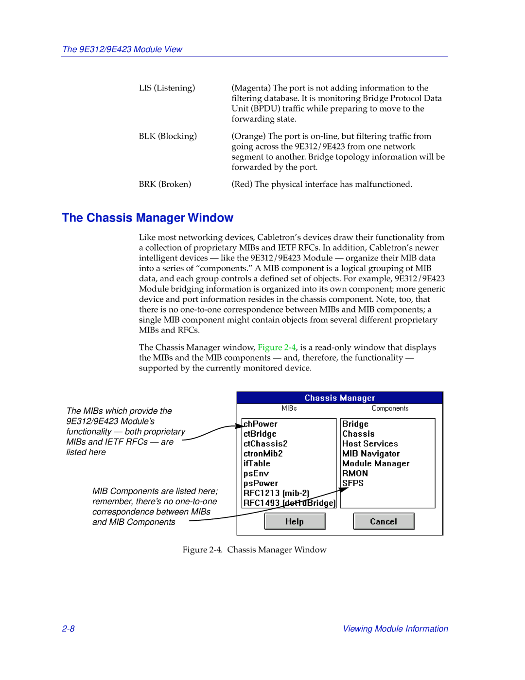 Cabletron Systems 9E312, 9E423 manual Chassis Manager Window 