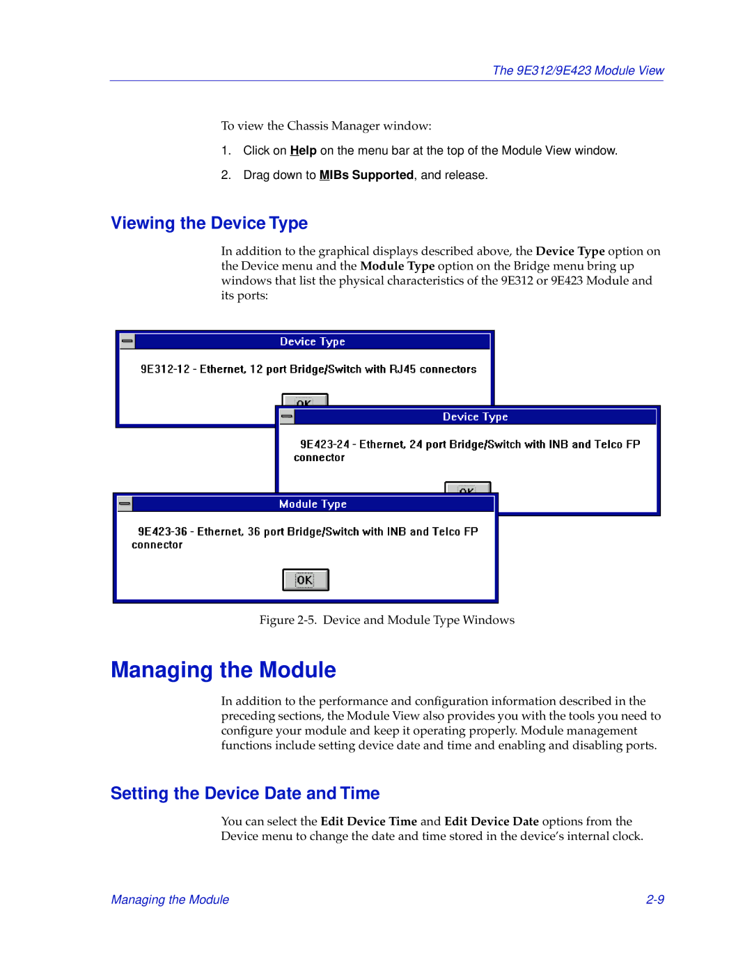 Cabletron Systems 9E423, 9E312 manual Managing the Module, Viewing the Device Type, Setting the Device Date and Time 