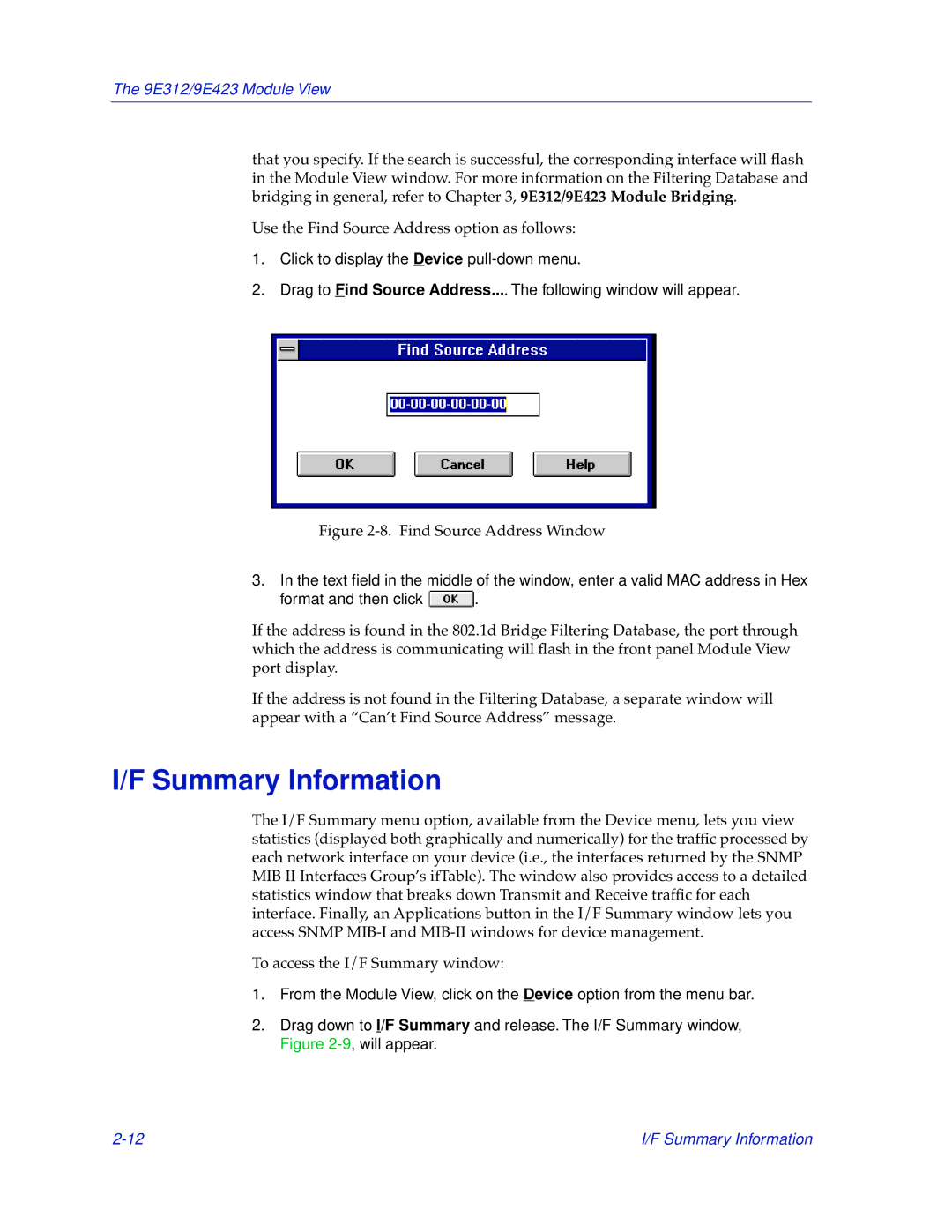 Cabletron Systems 9E312, 9E423 manual Summary Information, Find Source Address Window 