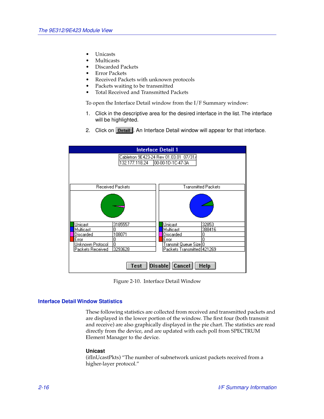 Cabletron Systems 9E312, 9E423 manual Interface Detail Window Statistics, Unicast 