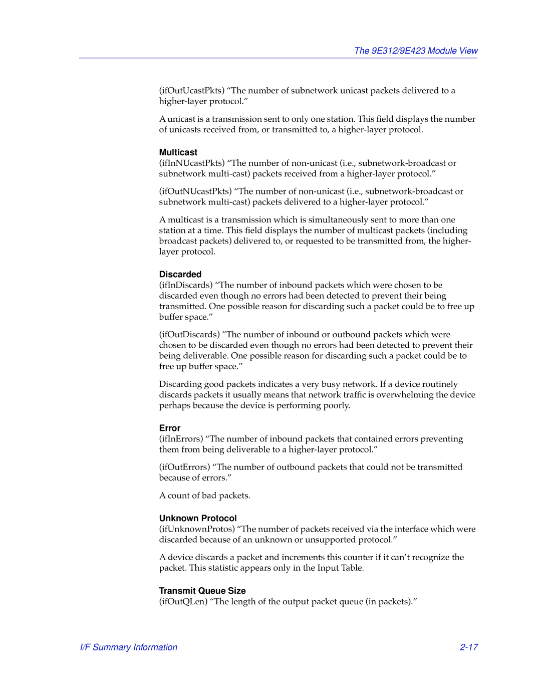 Cabletron Systems 9E423, 9E312 manual Multicast, Discarded, Error, Unknown Protocol, Transmit Queue Size 