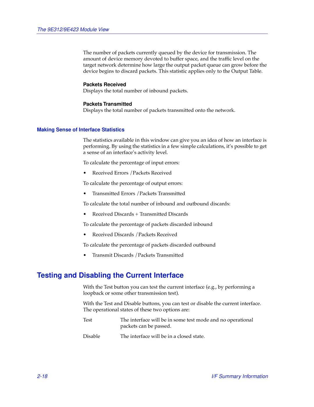 Cabletron Systems 9E312, 9E423 manual Testing and Disabling the Current Interface, Packets Received, Packets Transmitted 