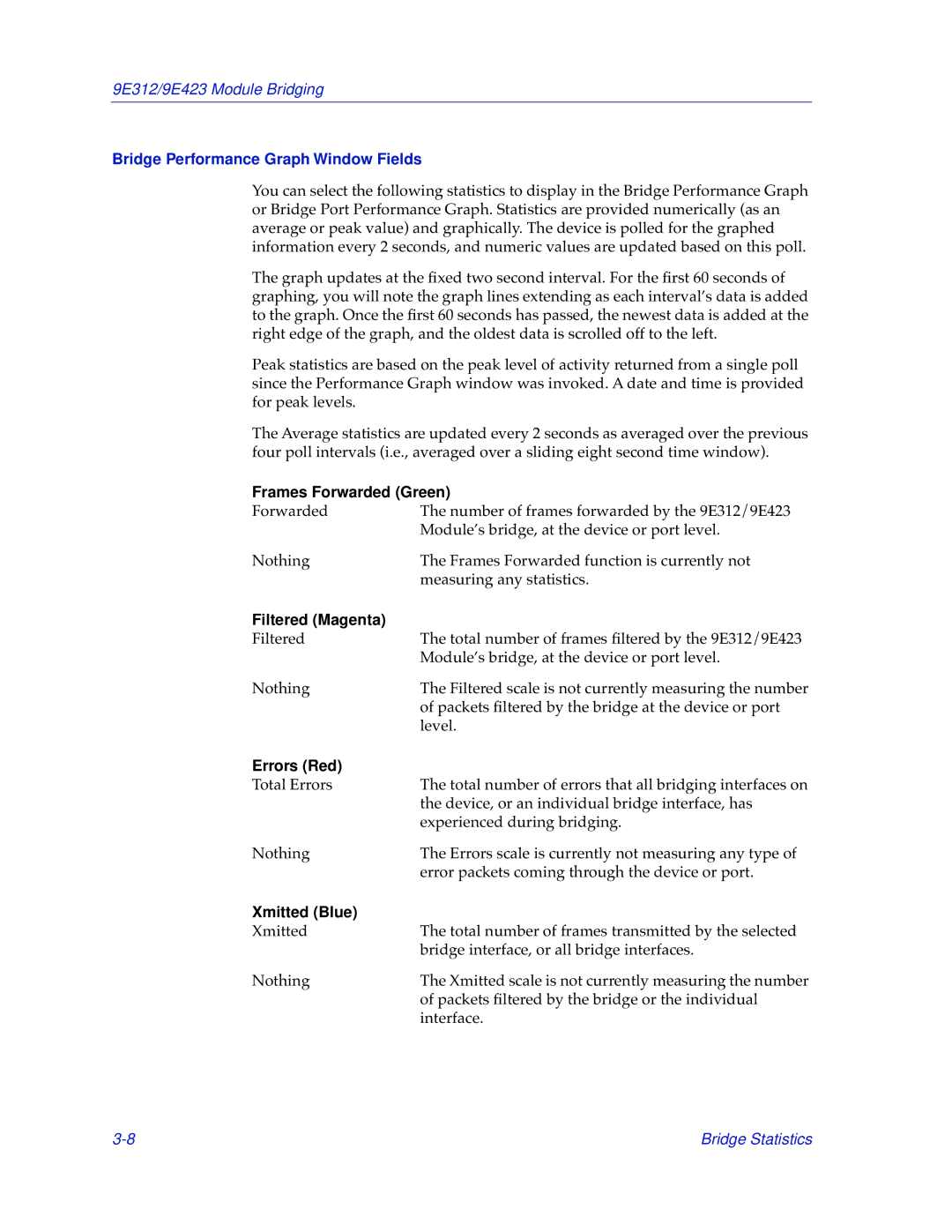Cabletron Systems 9E312 manual Bridge Performance Graph Window Fields, Frames Forwarded Green, Filtered Magenta, Errors Red 