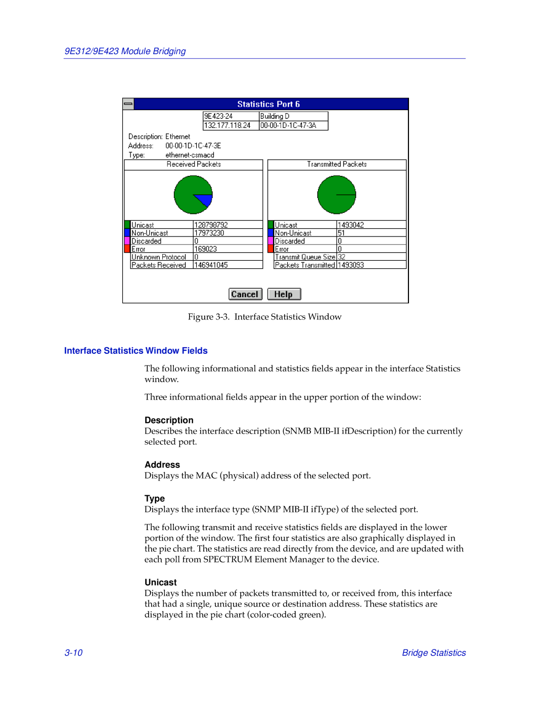 Cabletron Systems 9E312, 9E423 manual Interface Statistics Window Fields, Address 