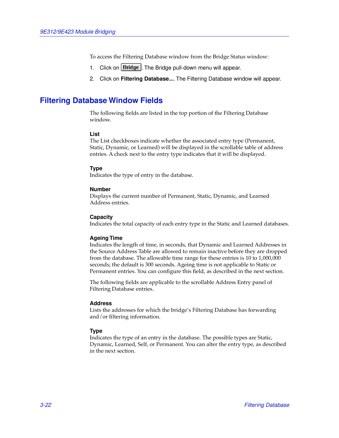 Cabletron Systems 9E312, 9E423 manual Filtering Database Window Fields, List, Number, Capacity, Ageing Time 