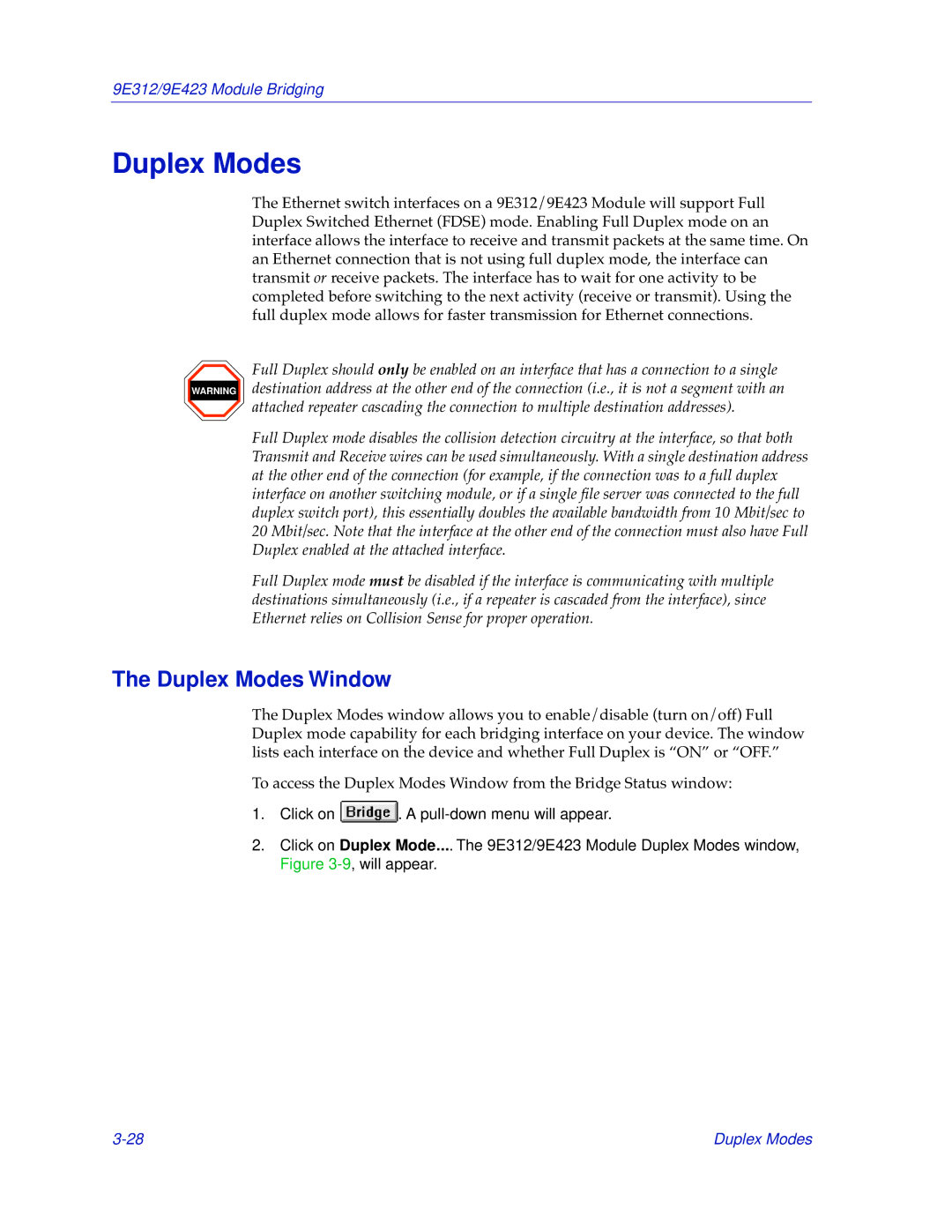 Cabletron Systems 9E312, 9E423 manual Duplex Modes Window 