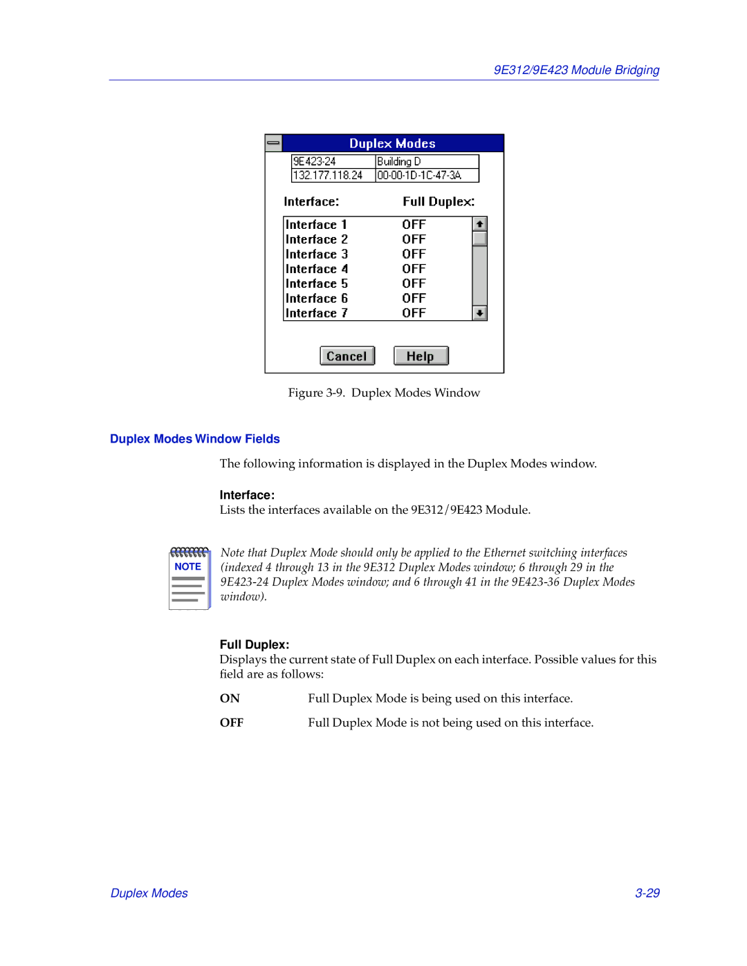 Cabletron Systems 9E423, 9E312 manual Duplex Modes Window Fields, Interface, Full Duplex 