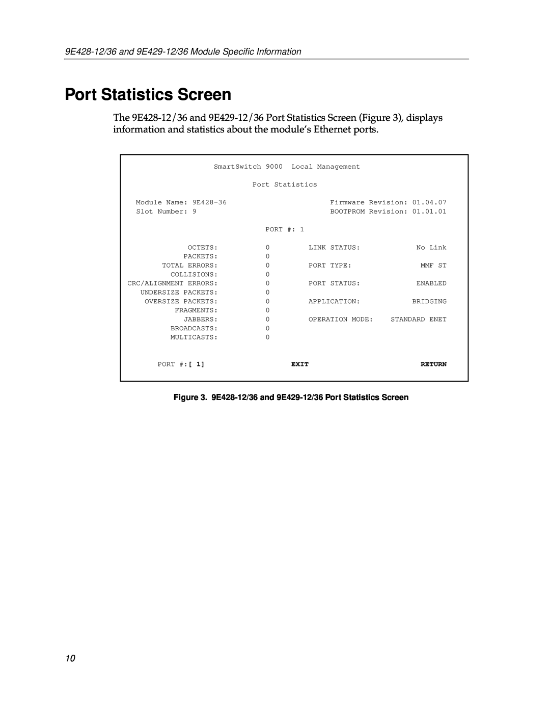 Cabletron Systems 9E429-36, 9E428-36 appendix Port Statistics Screen, 9E428-12/36 and 9E429-12/36 Module Speciﬁc Information 