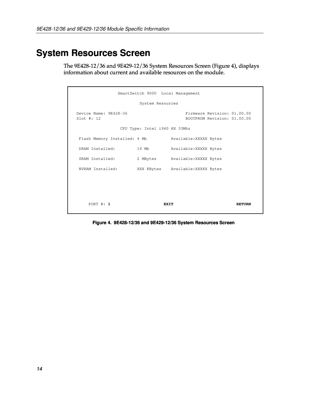 Cabletron Systems 9E429-36, 9E428-36 System Resources Screen, 9E428-12/36 and 9E429-12/36 Module Speciﬁc Information 