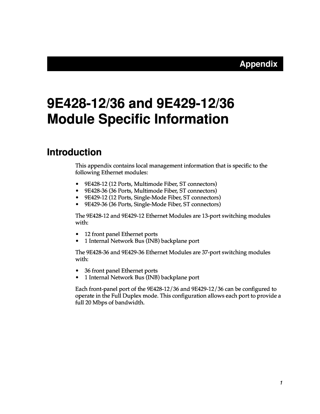 Cabletron Systems 9E429-36, 9E428-36 Introduction, 9E428-12/36 and 9E429-12/36 Module Speciﬁc Information, Appendix 