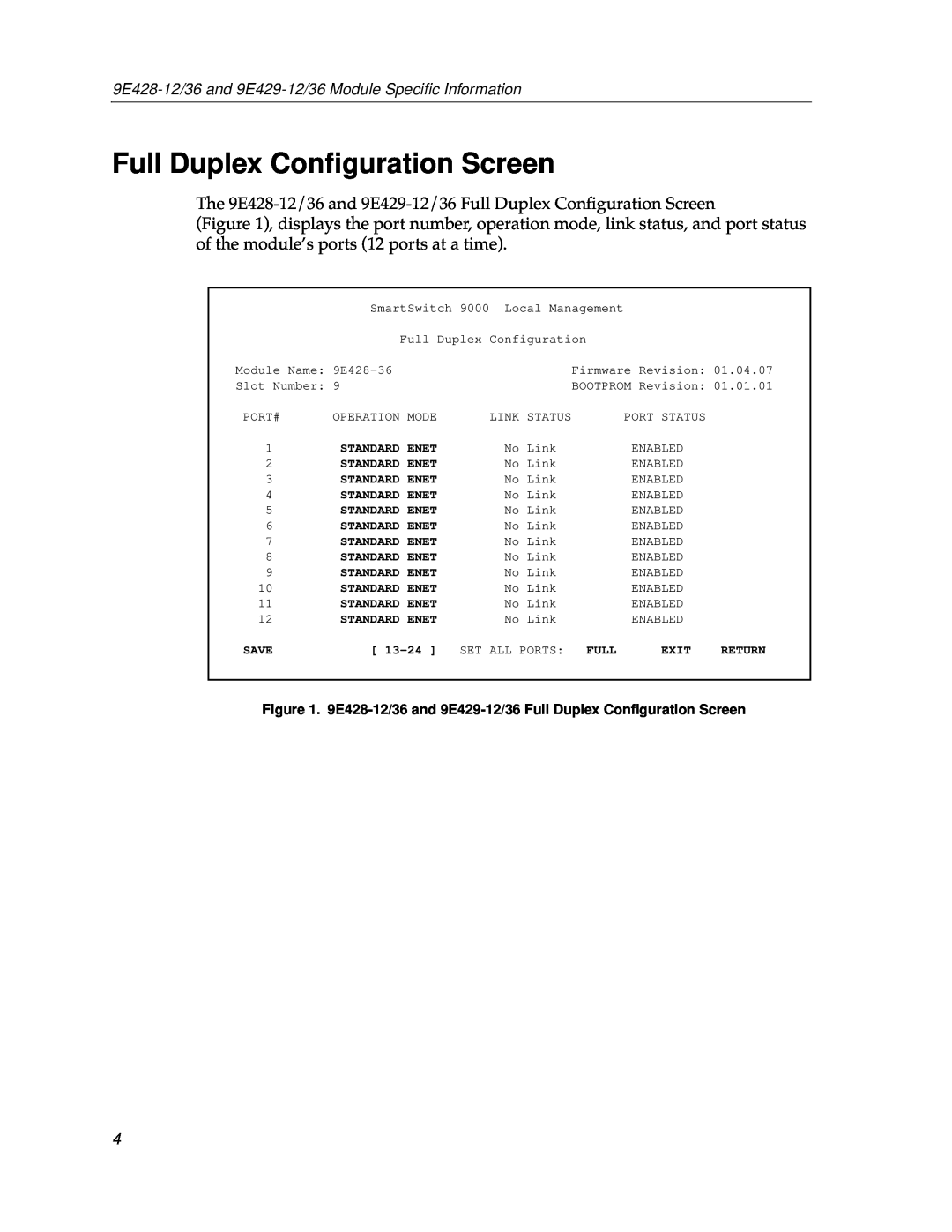 Cabletron Systems 9E429-36 Full Duplex Conﬁguration Screen, 9E428-12/36 and 9E429-12/36 Module Speciﬁc Information 