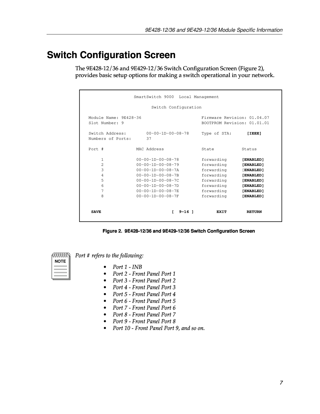 Cabletron Systems 9E428-36, 9E429-36 Switch Conﬁguration Screen, Port 3 - Front Panel Port Port 4 - Front Panel Port 