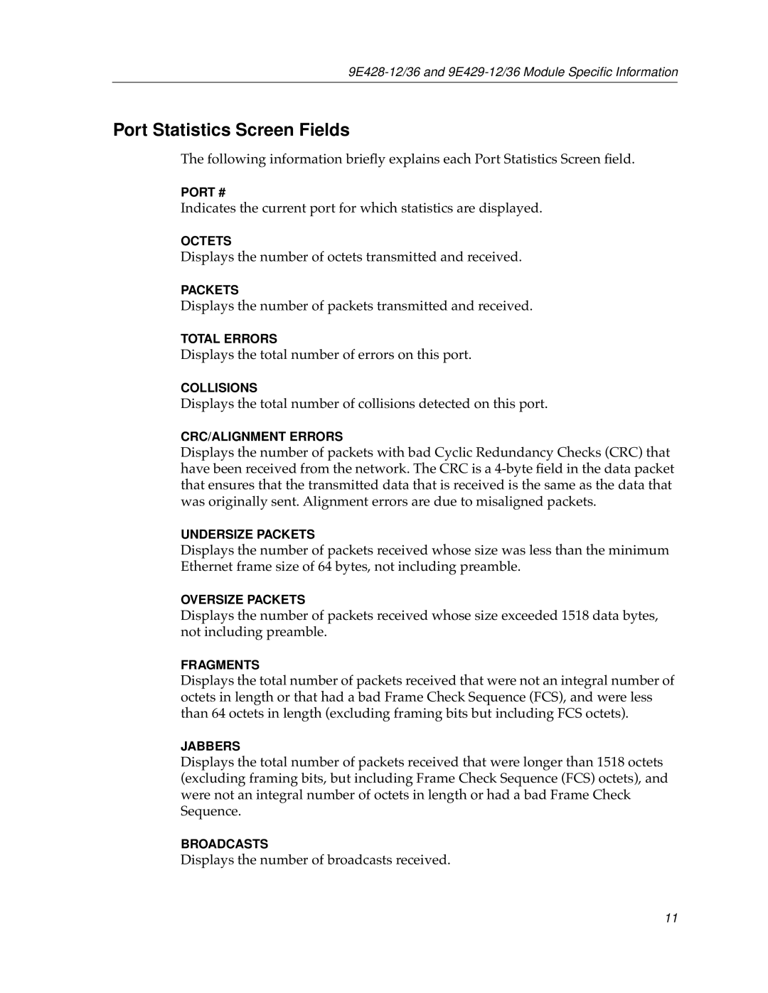 Cabletron Systems 9E428-36, 9E429-36, 9E428-12, 9E429-12 appendix Port Statistics Screen Fields 