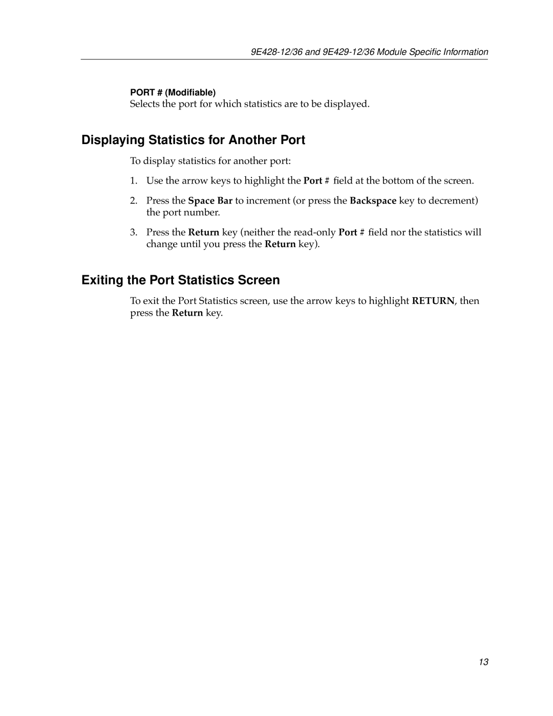 Cabletron Systems 9E429-12, 9E429-36, 9E428-36 Displaying Statistics for Another Port, Exiting the Port Statistics Screen 