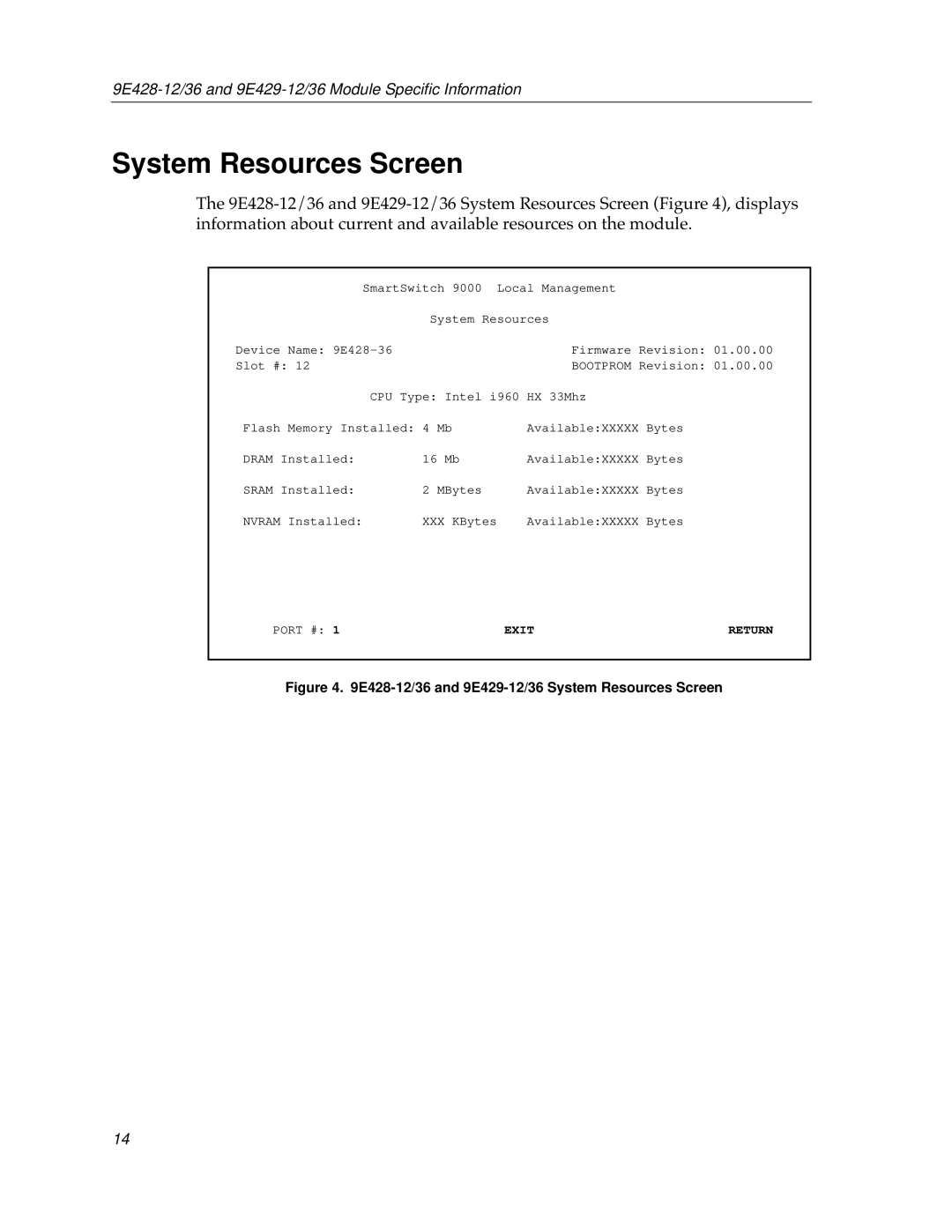 Cabletron Systems 9E429-36, 9E428-36, 9E428-12 appendix E428-12/36 and 9E429-12/36 System Resources Screen 