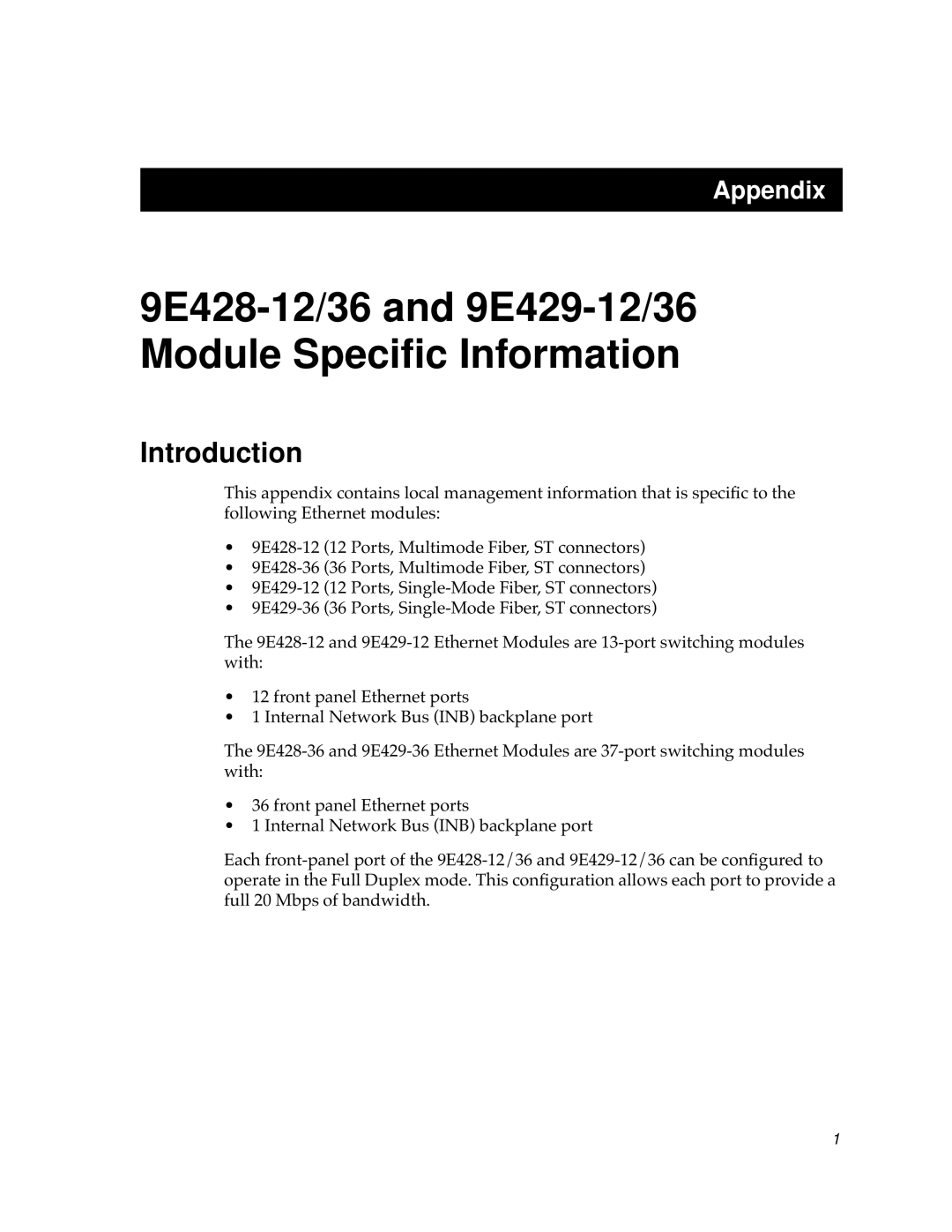 Cabletron Systems 9E429-36, 9E428-36 appendix 9E428-12/36 and 9E429-12/36 Module Speciﬁc Information, Introduction 