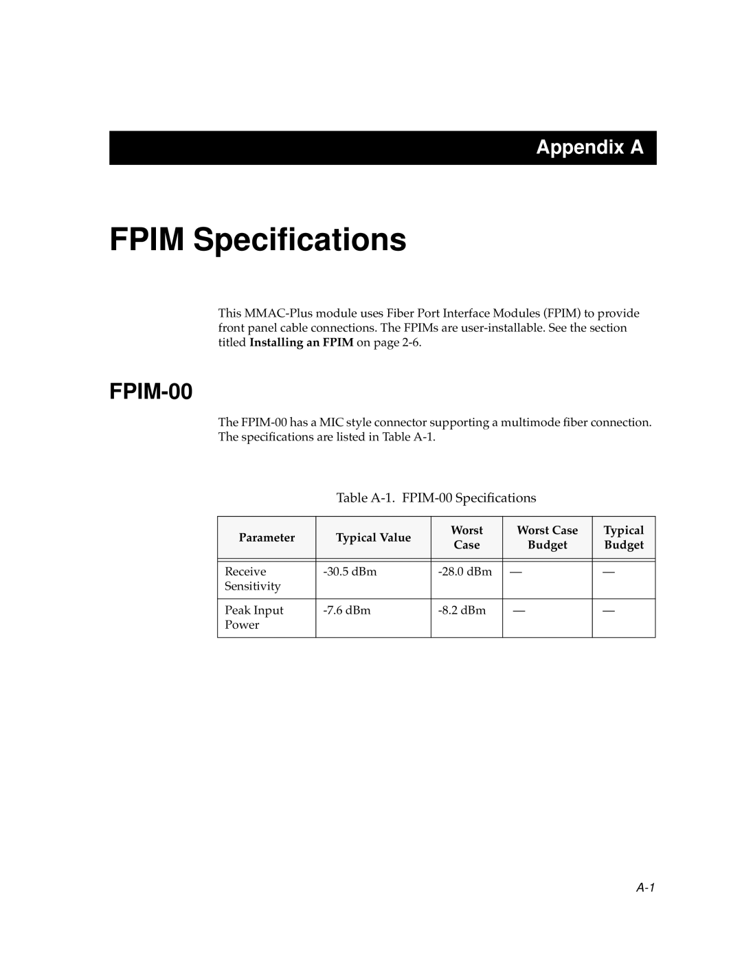 Cabletron Systems 9F106-01 manual Fpim Speciﬁcations, Parameter Typical Value Worst Worst Case Budget 