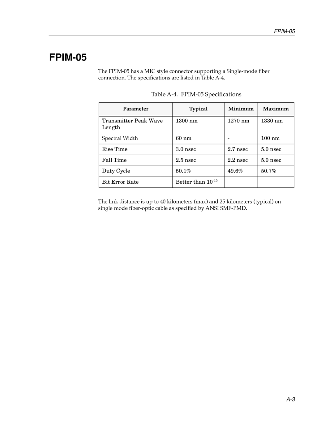 Cabletron Systems 9F106-01 manual FPIM-05, Parameter Typical Minimum Maximum 