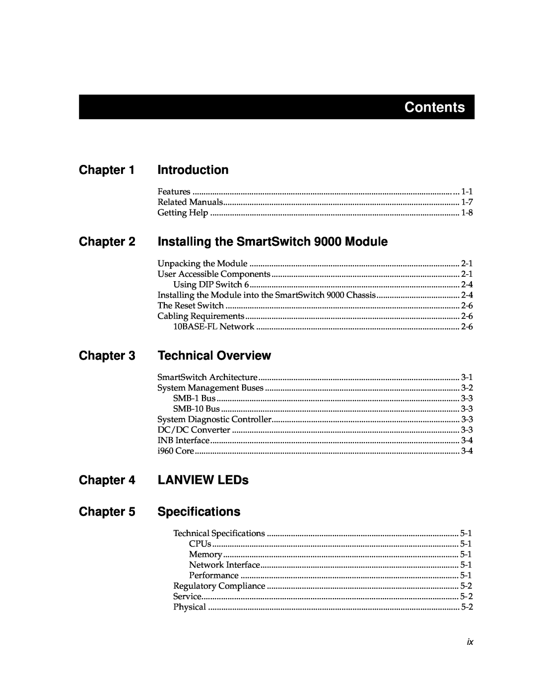 Cabletron Systems 9F125-0, 9F120-08 manual Contents, Chapter, Introduction, Technical Overview, LANVIEW LEDs, Specifications 