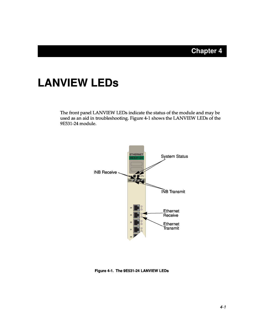 Cabletron Systems 9F122-12 Chapter, INB Receive, System Status INB Transmit, 1. The 9E531-24 LANVIEW LEDs, Ethernet 