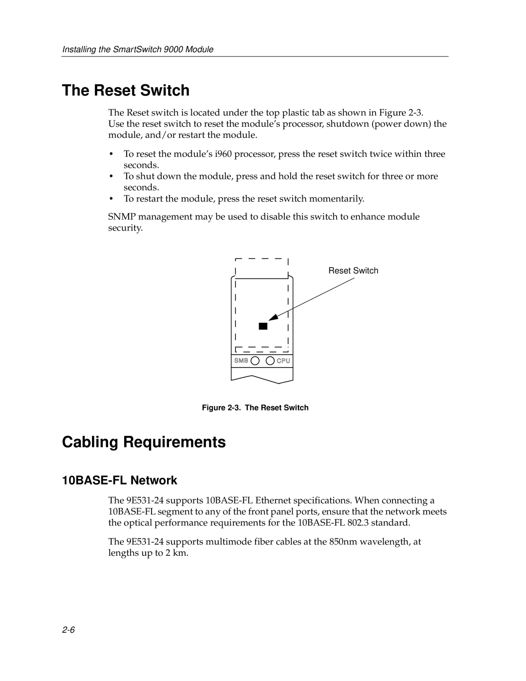 Cabletron Systems 9F125-0, 9F120-08, 9F122-12 manual Reset Switch, Cabling Requirements, 10BASE-FL Network 