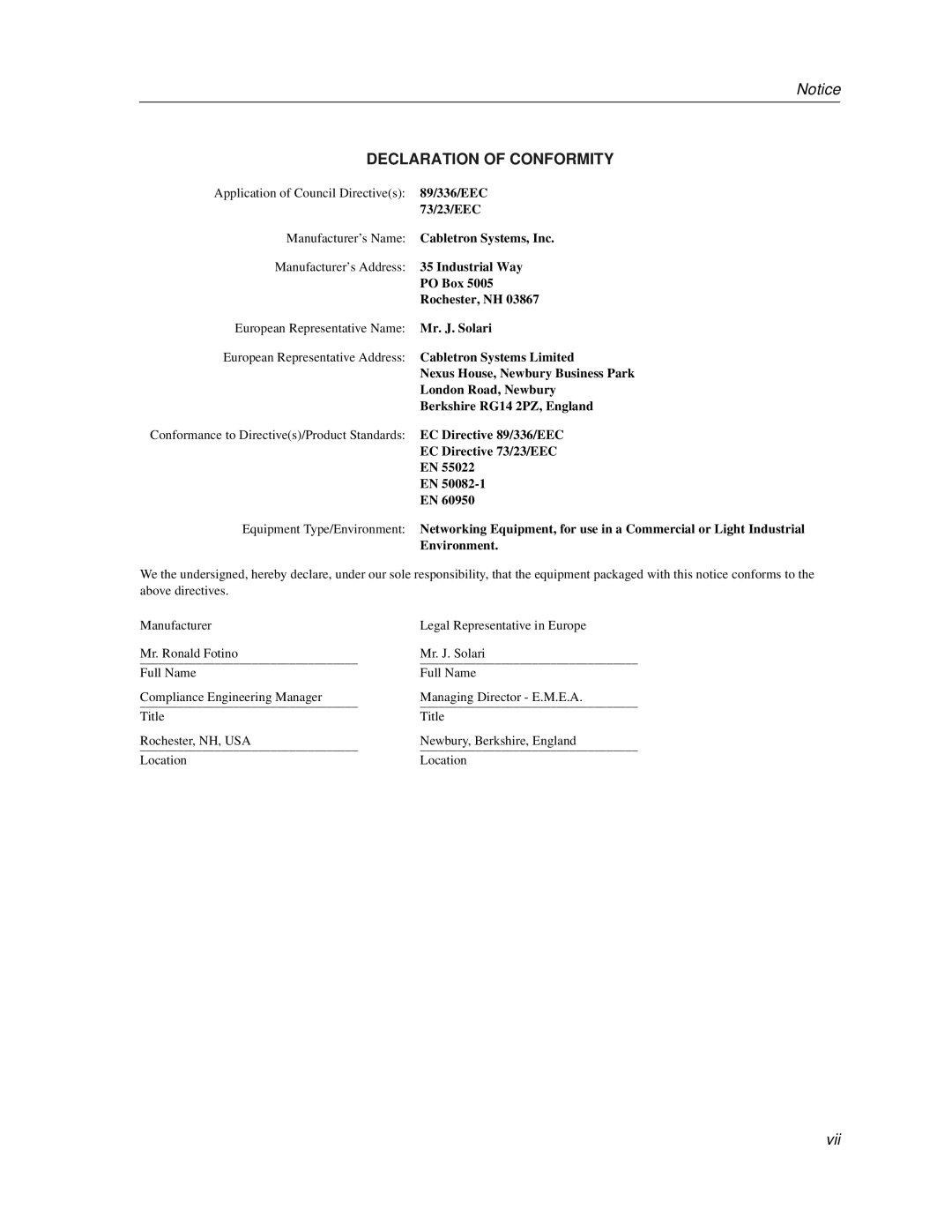 Cabletron Systems 9F120-08, 9F122-12, 9F125-0 manual Declaration of Conformity 