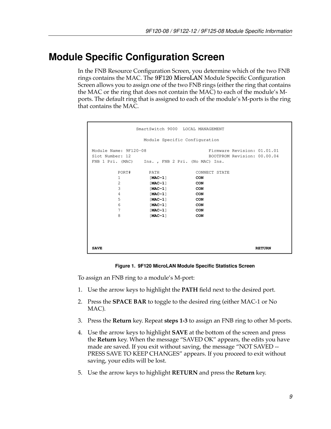 Cabletron Systems 9F122-12, 9F120-08, 9F125-08 appendix Module Speciﬁc Conﬁguration Screen, Local Management 