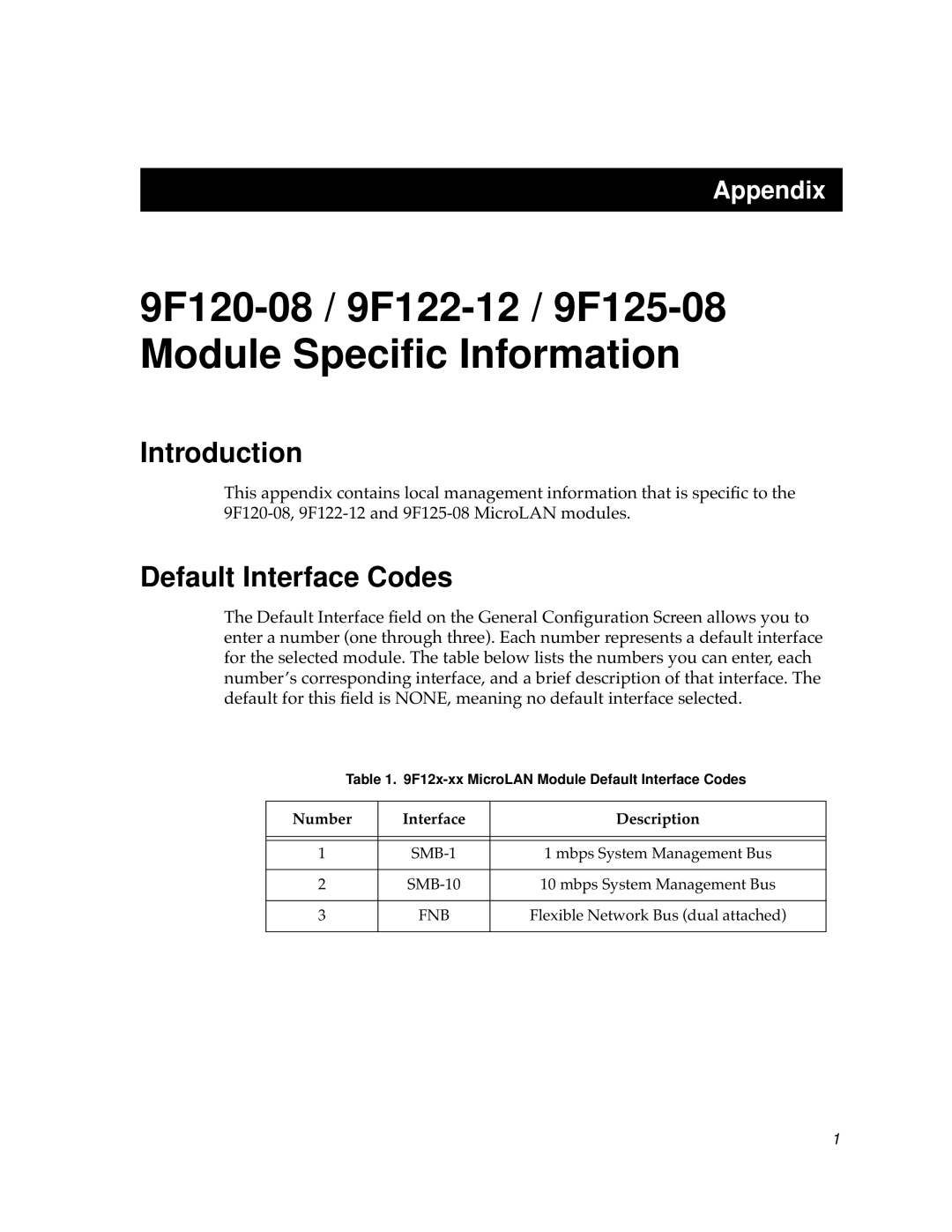 Cabletron Systems 9F120-08, 9F125-08, 9F122-12 appendix Introduction, Default Interface Codes 