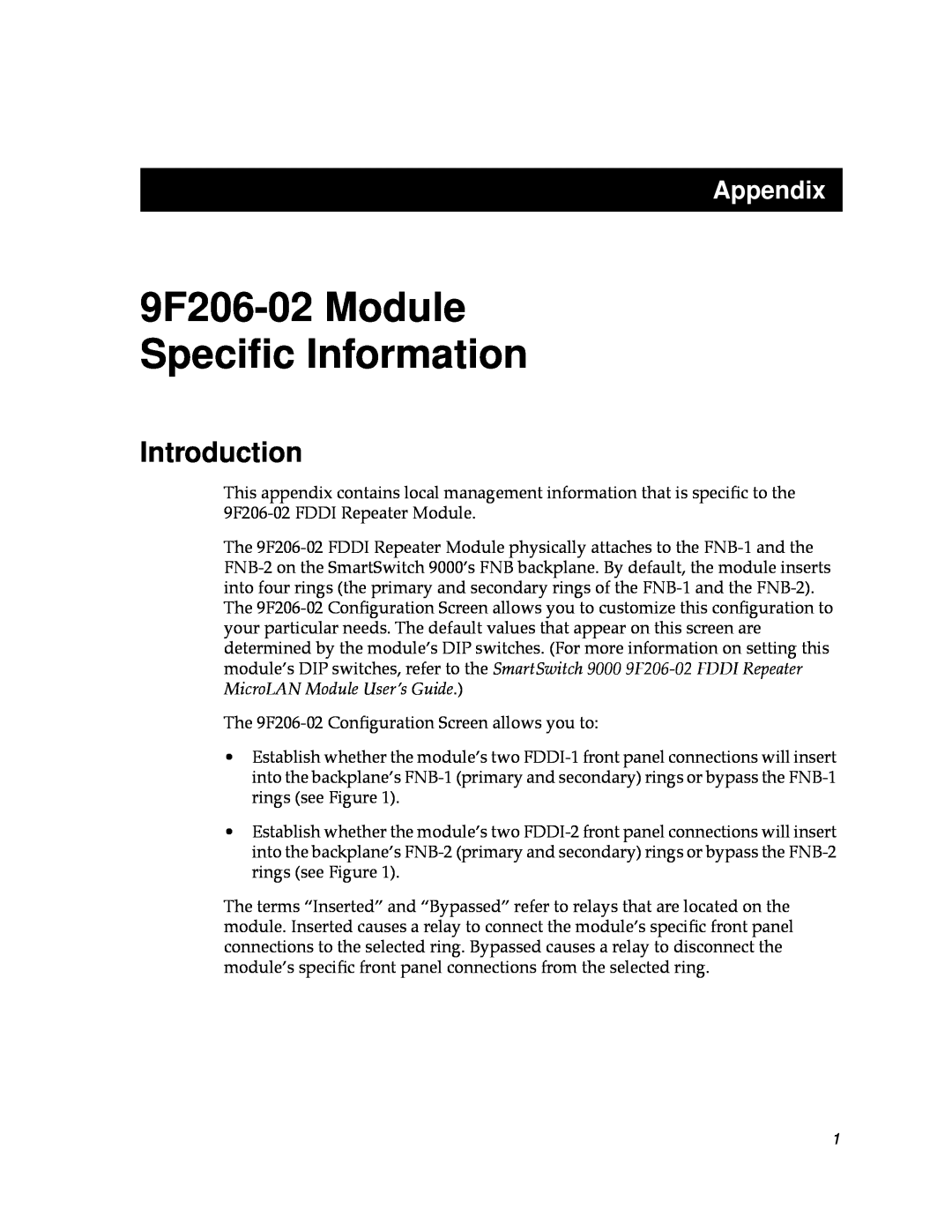 Cabletron Systems appendix Introduction, 9F206-02 Module Speciﬁc Information, Appendix 