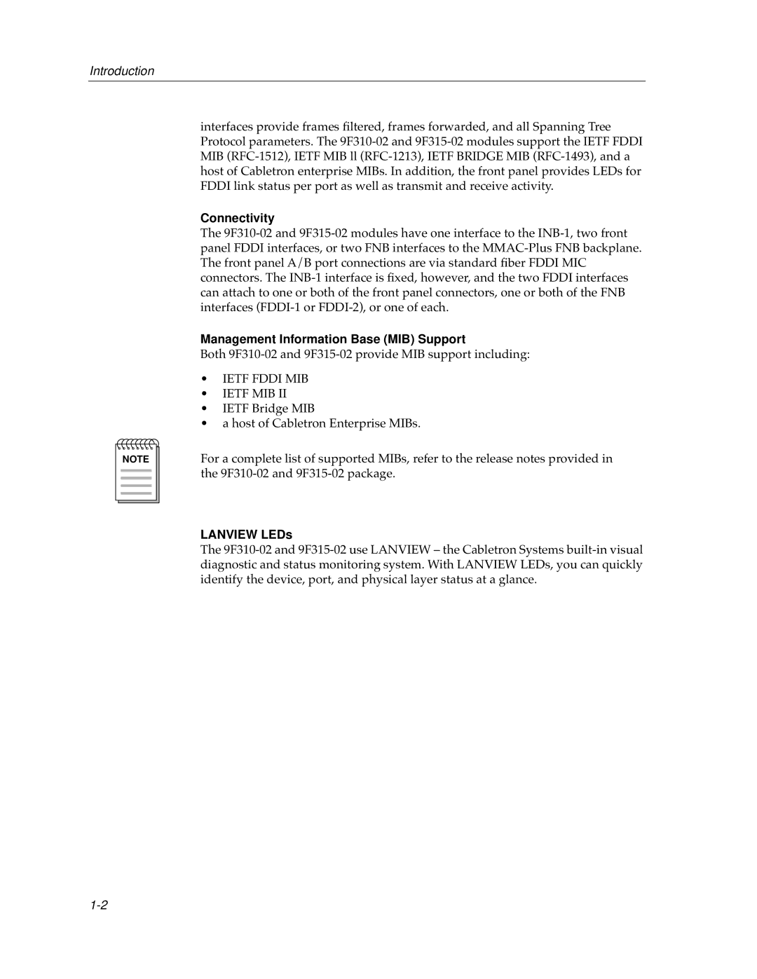 Cabletron Systems 9F310-02, 9F315-02 manual Connectivity, Management Information Base MIB Support, Lanview LEDs 