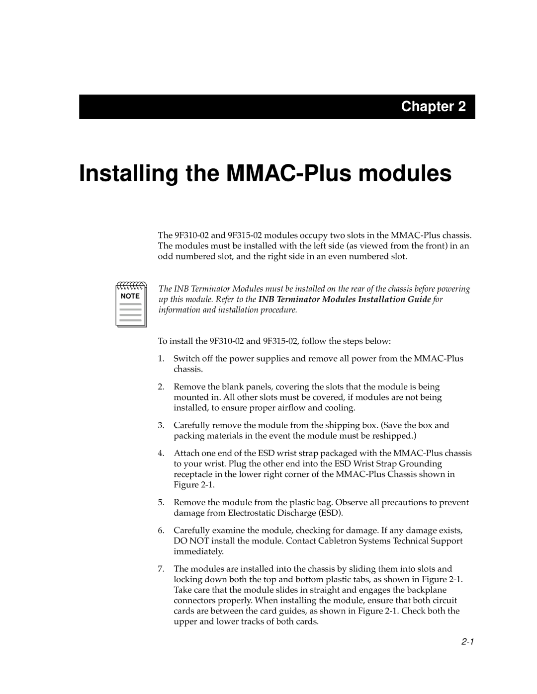 Cabletron Systems 9F315-02, 9F310-02 manual Installing the MMAC-Plus modules 