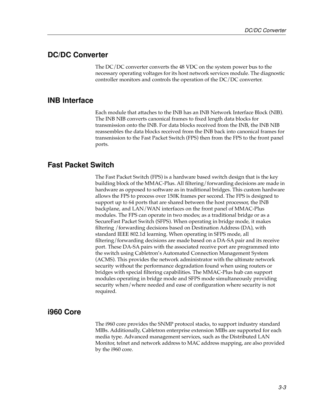 Cabletron Systems 9F315-02, 9F310-02 manual DC/DC Converter, INB Interface, Fast Packet Switch, I960 Core 