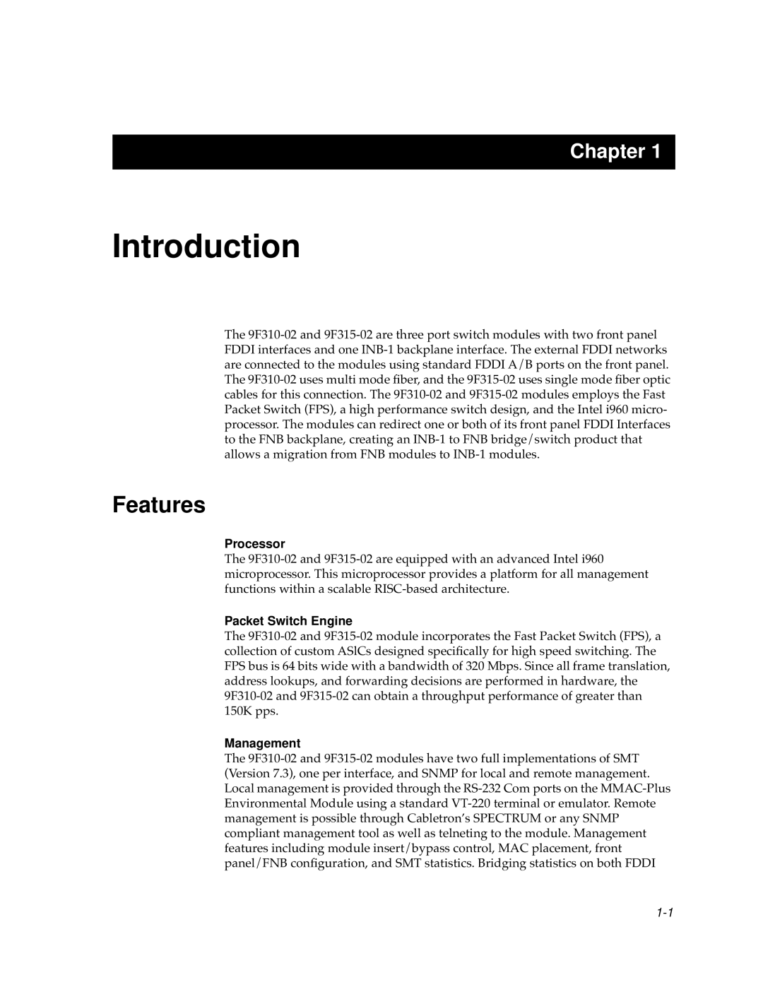 Cabletron Systems 9F315-02, 9F310-02 manual Introduction, Features, Processor, Packet Switch Engine, Management 