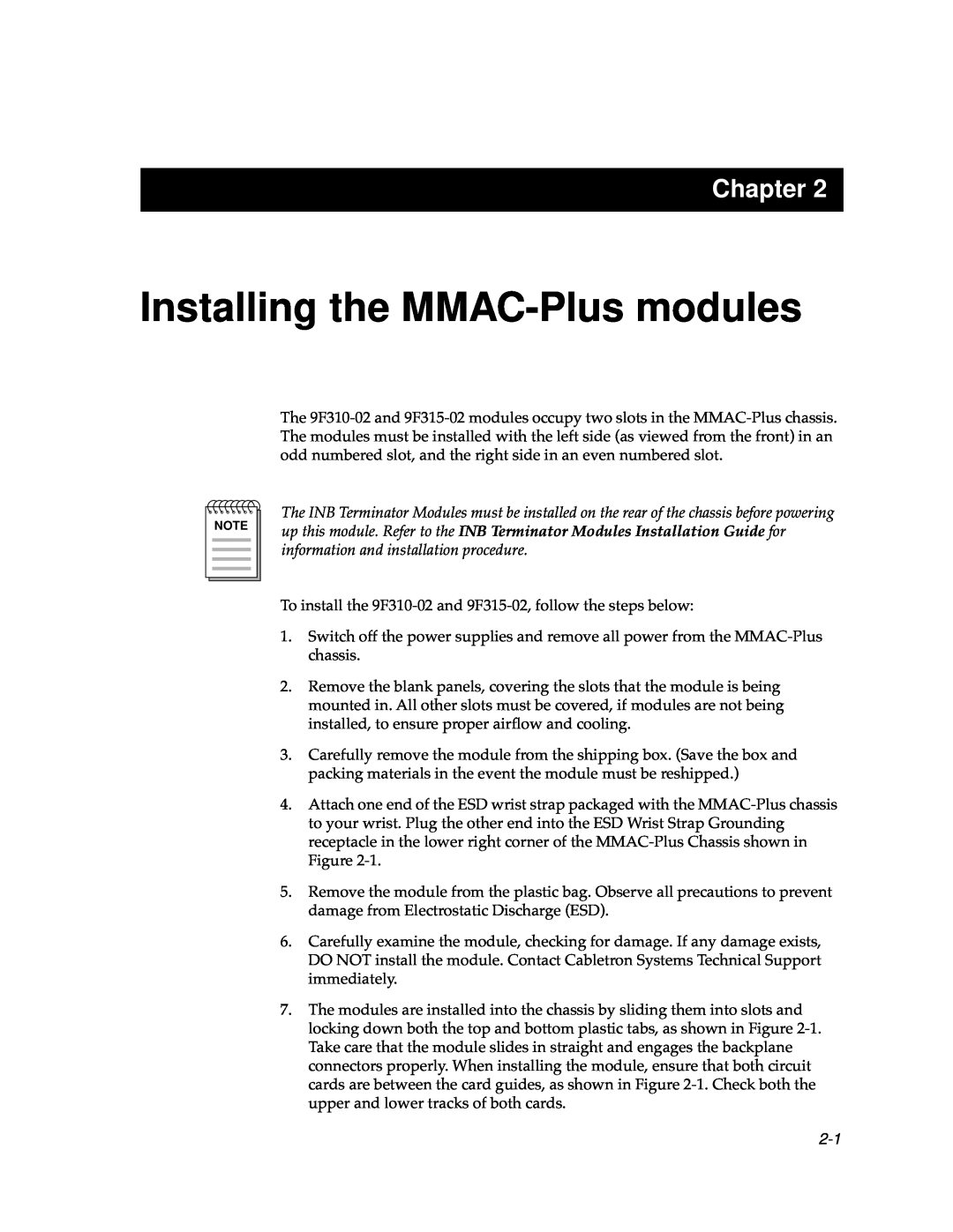 Cabletron Systems 9F315-02, 9F310-02 manual Installing the MMAC-Plus modules, Chapter 
