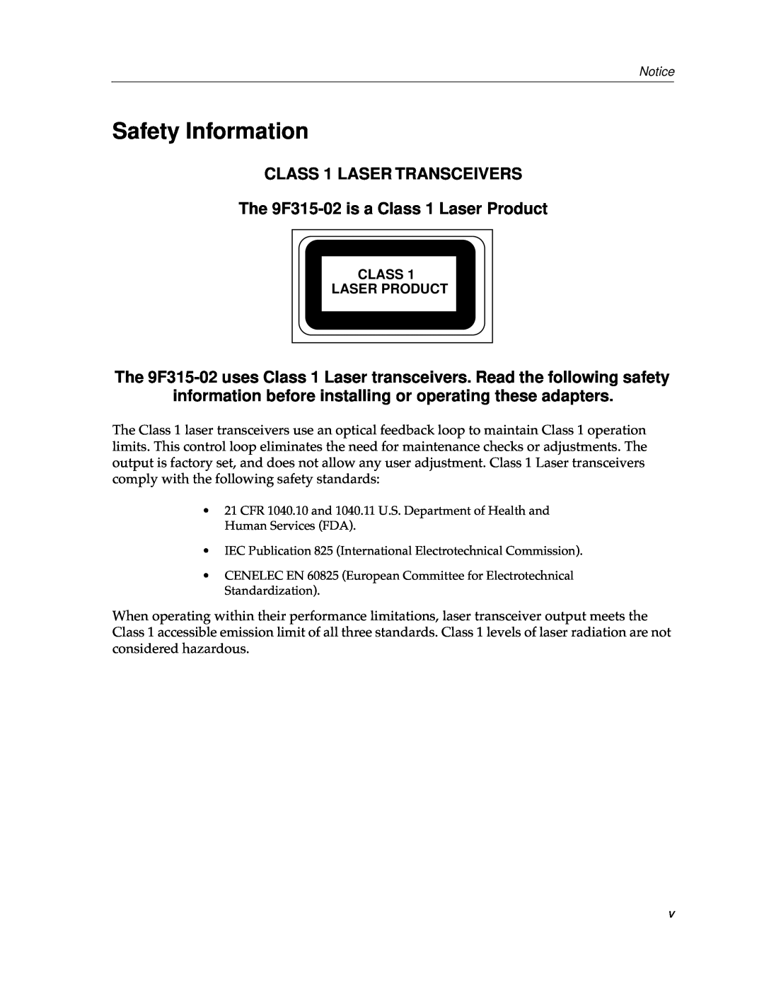 Cabletron Systems 9F310-02 manual Safety Information, CLASS 1 LASER TRANSCEIVERS The 9F315-02 is a Class 1 Laser Product 