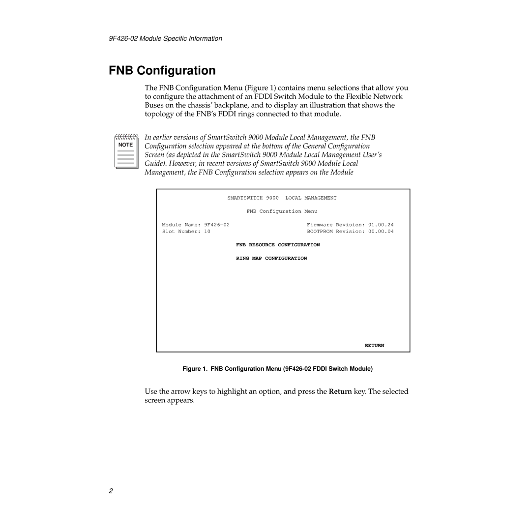 Cabletron Systems appendix FNB Conﬁguration Menu 9F426-02 Fddi Switch Module 