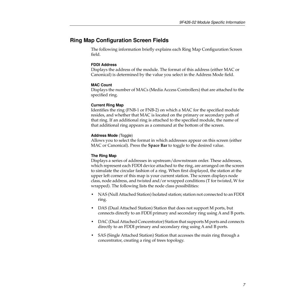 Cabletron Systems 9F426-02 appendix Ring Map Conﬁguration Screen Fields 