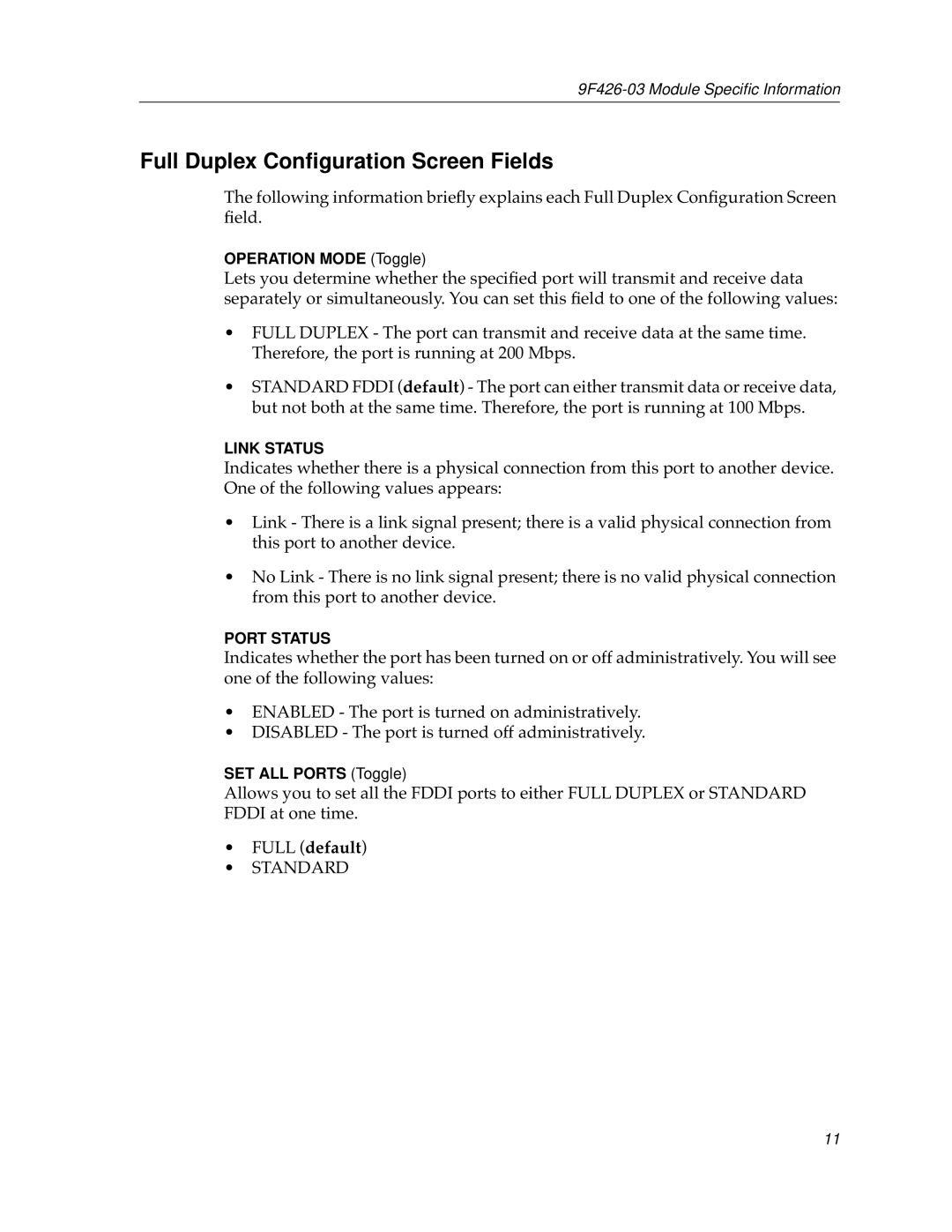 Cabletron Systems 9F426-03 appendix Full Duplex Conﬁguration Screen Fields 