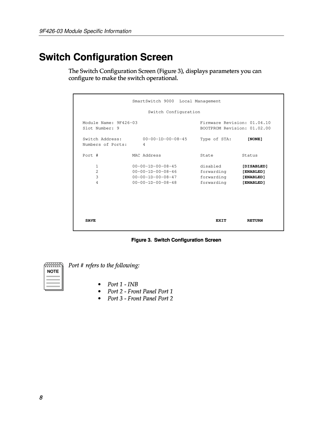 Cabletron Systems Switch Conﬁguration Screen, Port 3 - Front Panel Port, 9F426-03 Module Speciﬁc Information, None 