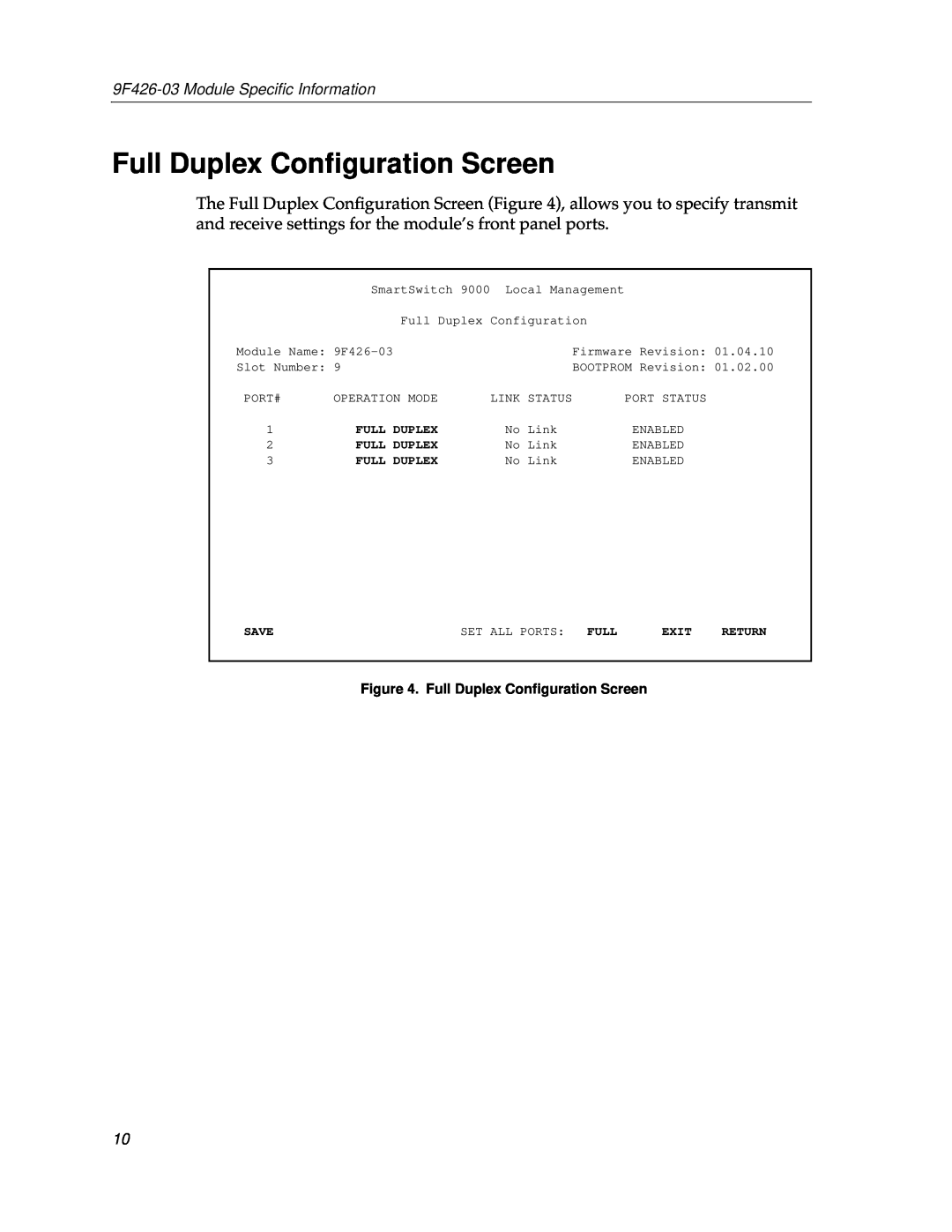 Cabletron Systems appendix Full Duplex Conﬁguration Screen, 9F426-03 Module Speciﬁc Information, Save, Exit, Return 