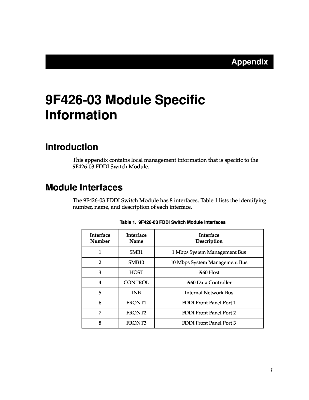 Cabletron Systems appendix Introduction, Module Interfaces, 9F426-03 Module Speciﬁc Information, Appendix 