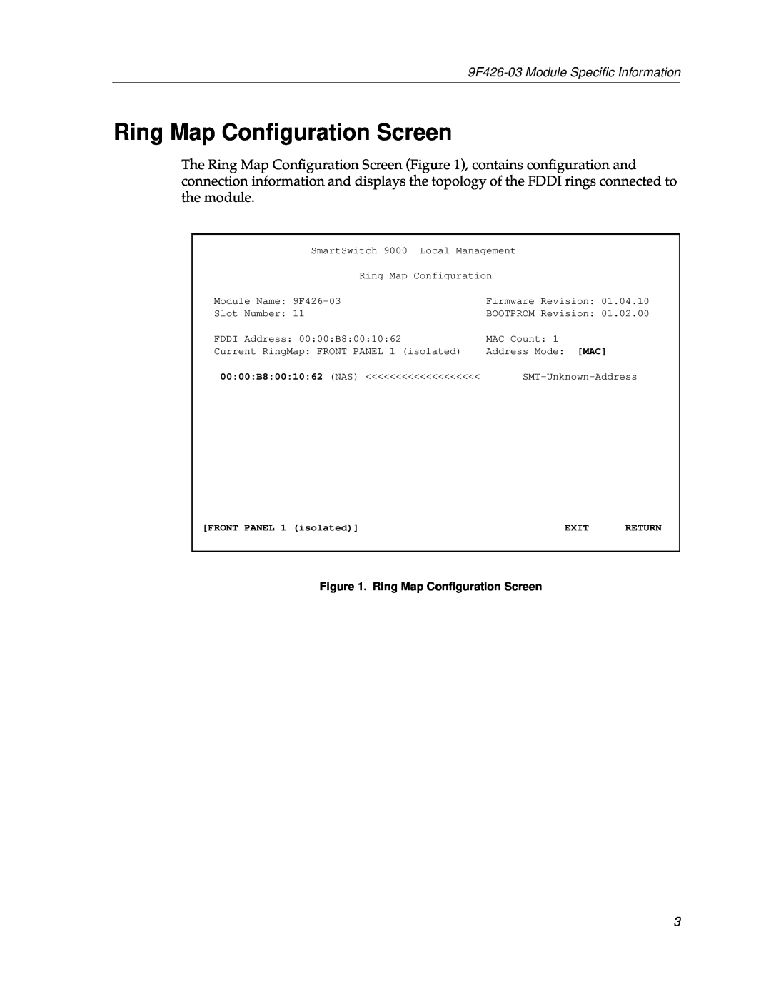 Cabletron Systems appendix Ring Map Conﬁguration Screen, 9F426-03 Module Speciﬁc Information, isolated, Exit, Return 