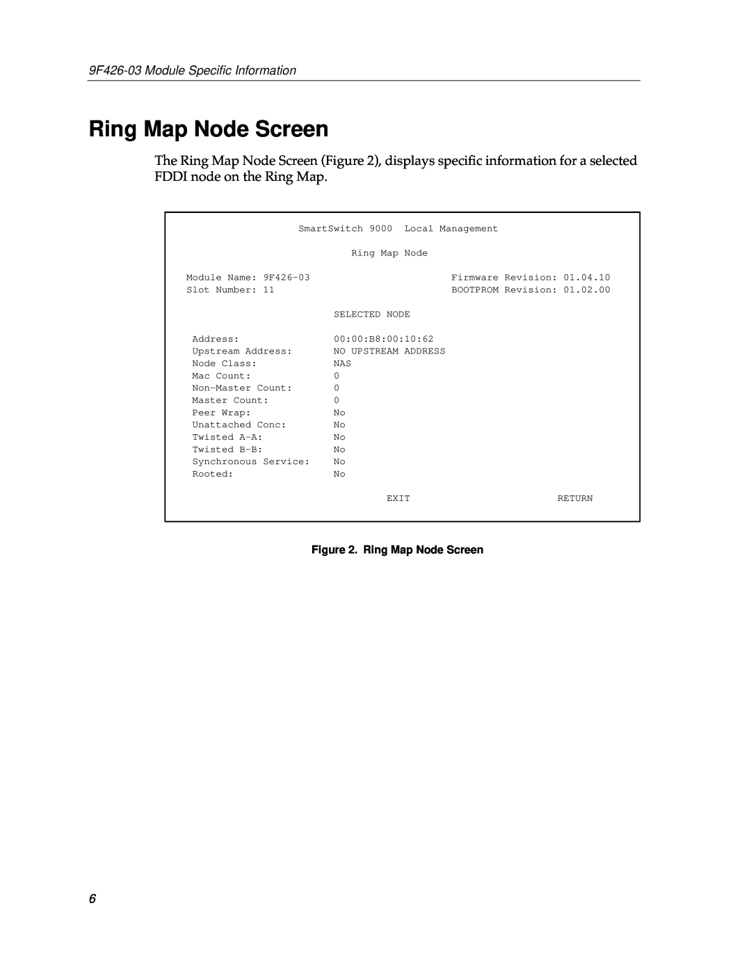 Cabletron Systems appendix Ring Map Node Screen, 9F426-03 Module Speciﬁc Information 
