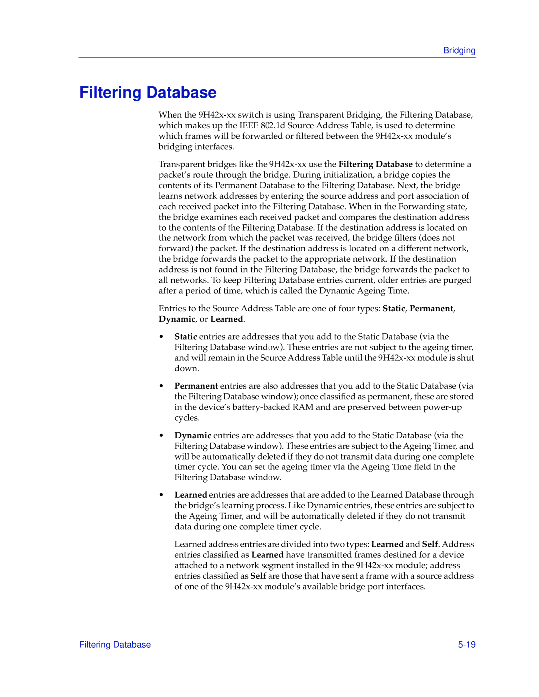 Cabletron Systems 9H42X-XX manual Filtering Database, Dynamic, or Learned 